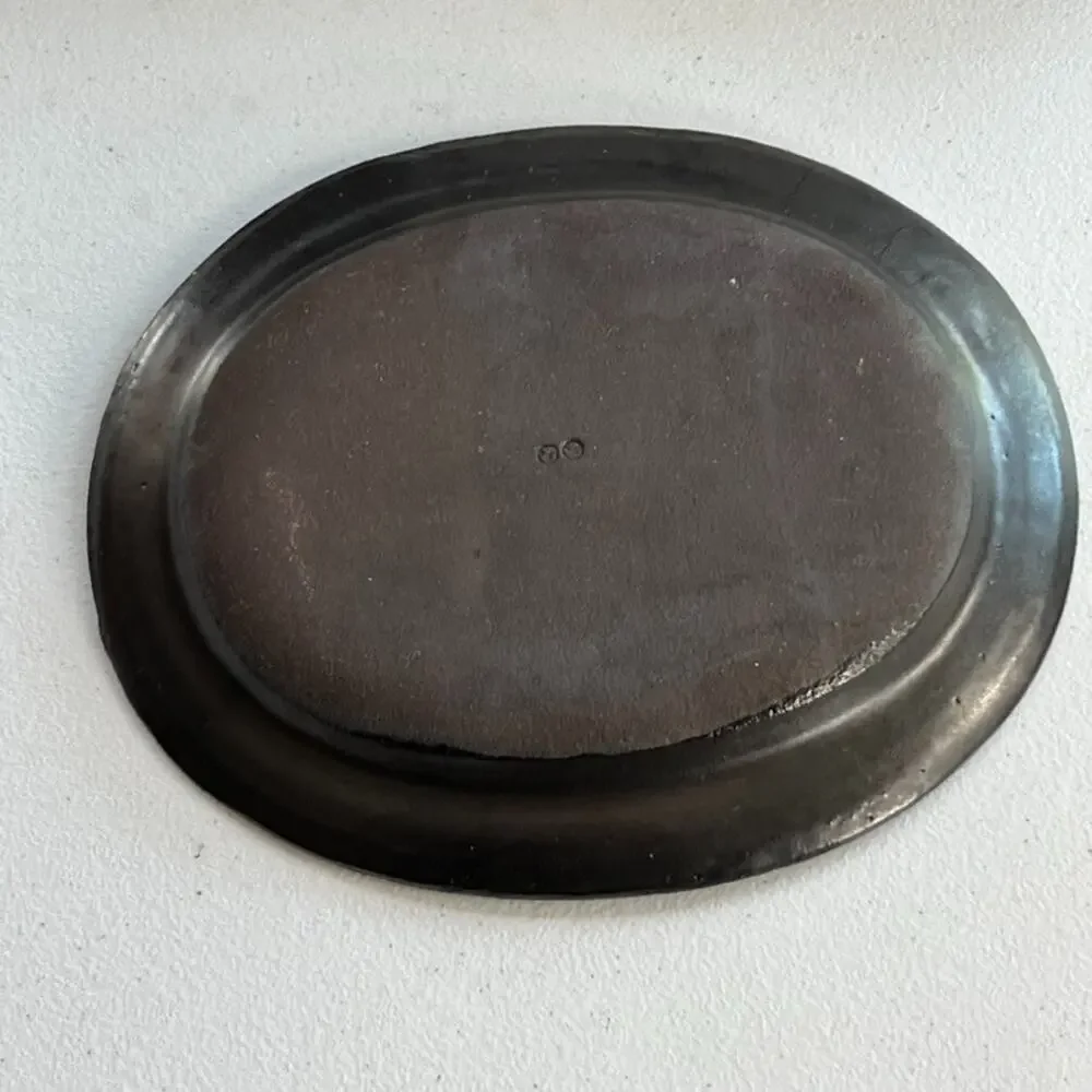 Black Clay Trinket Dish Tray Plate With Raised Edges 8.5 in Unique Marked